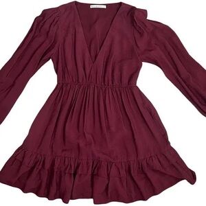 Abercrombie & Fitch Burgundy V-Neck Long-Sleeve Tiered Mini Dress